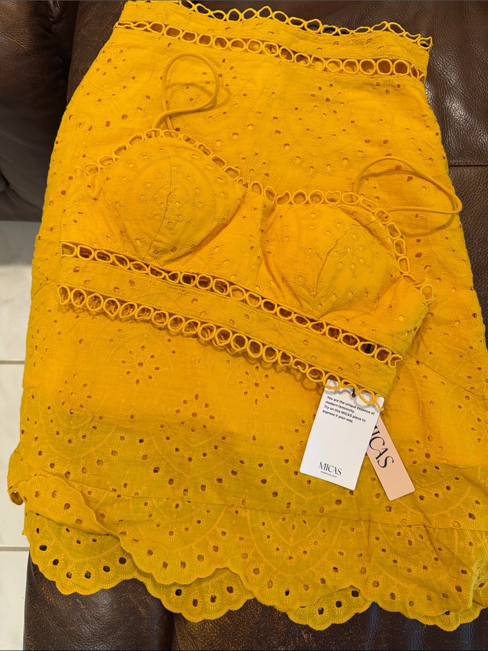 Yellow Eyelet Two-Piece Skirt Set - Elegant Crop Top & A-Line Skirt - Picture 6 of 6